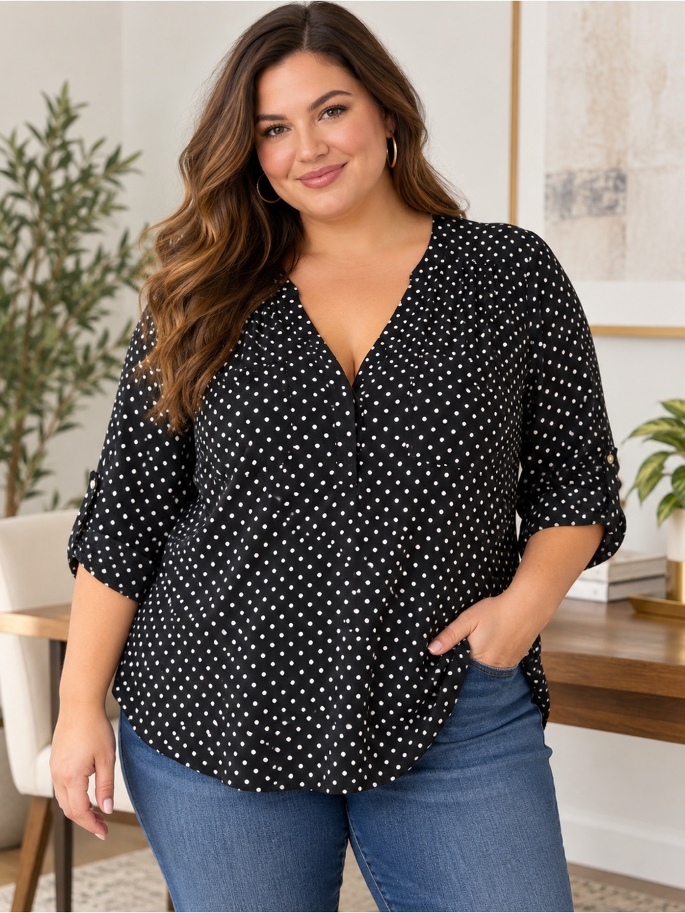 torrid Black with White Polka Dot V-Neck Blouse Size 2 2X Retro Minimalist